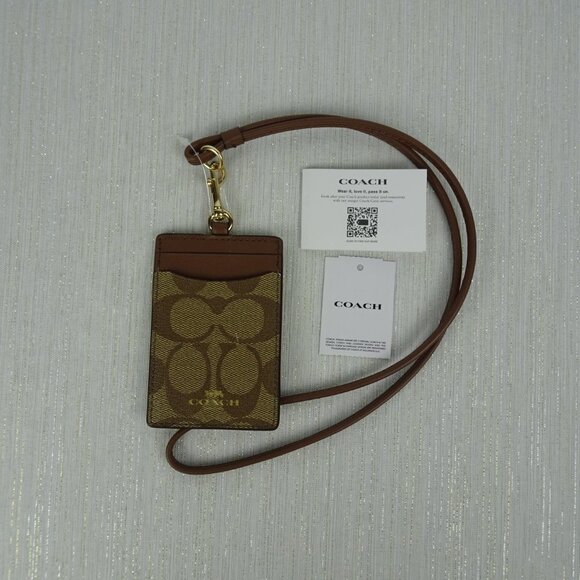 New Coach ID Badge Card Holder Lanyard Signature Canvas Leather Khaki Brown Gold - Picture 5 of 11